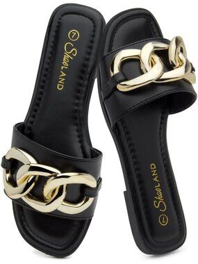 Women's Black Dressy Slides with Metal Chain Square Open Toe Sandal Summer Flat
